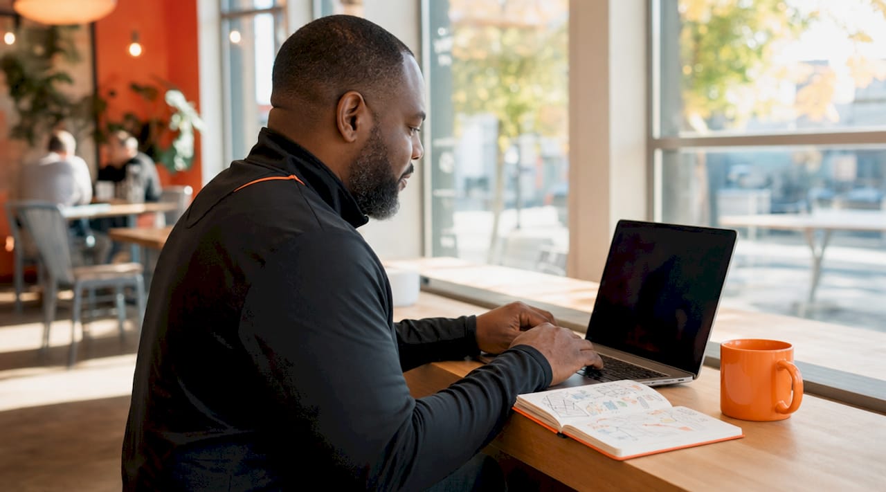 Hands typing on laptop in co-working space
