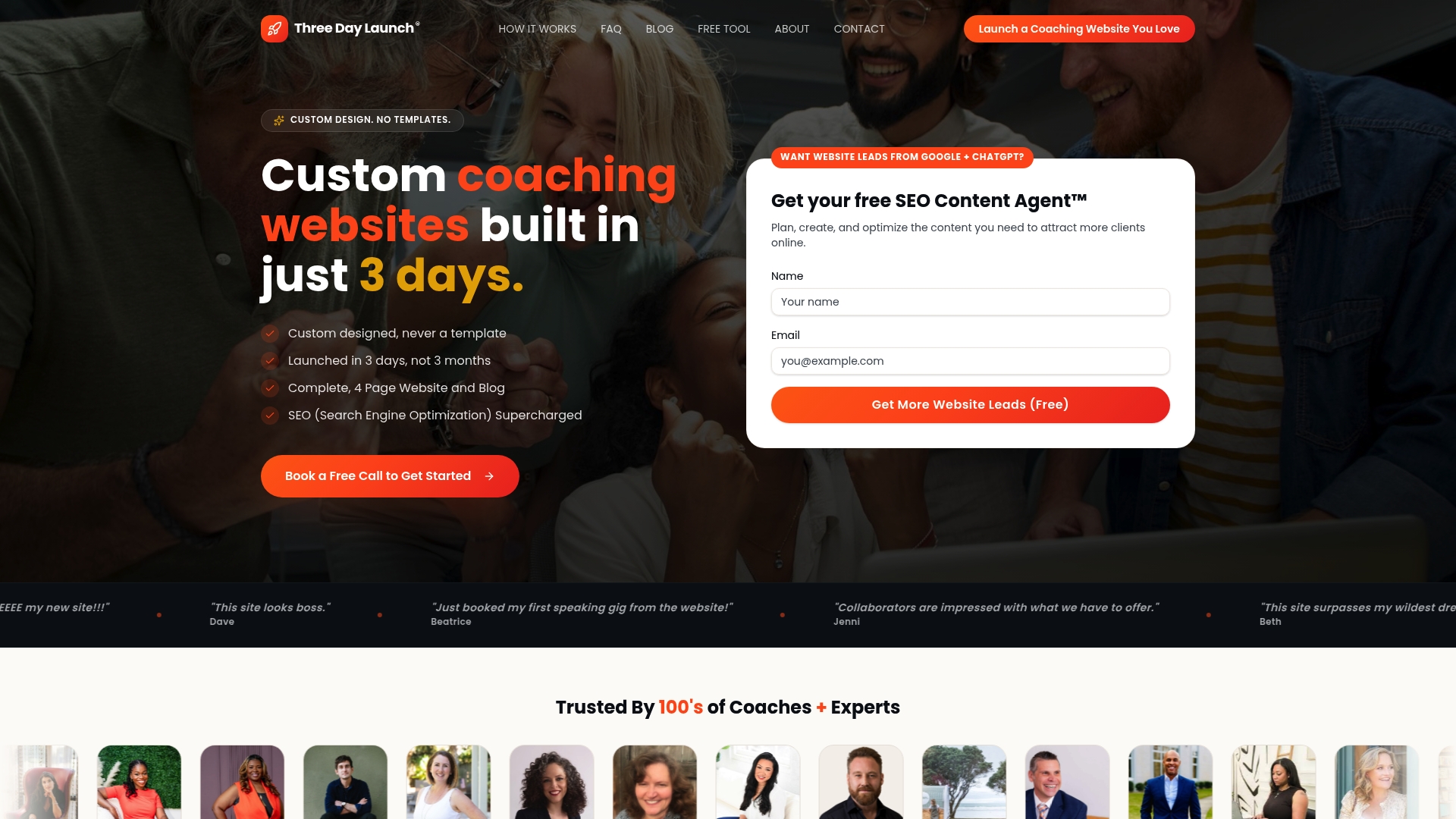 Three Day Launch coaching website homepage screenshot showing 3-day custom design service