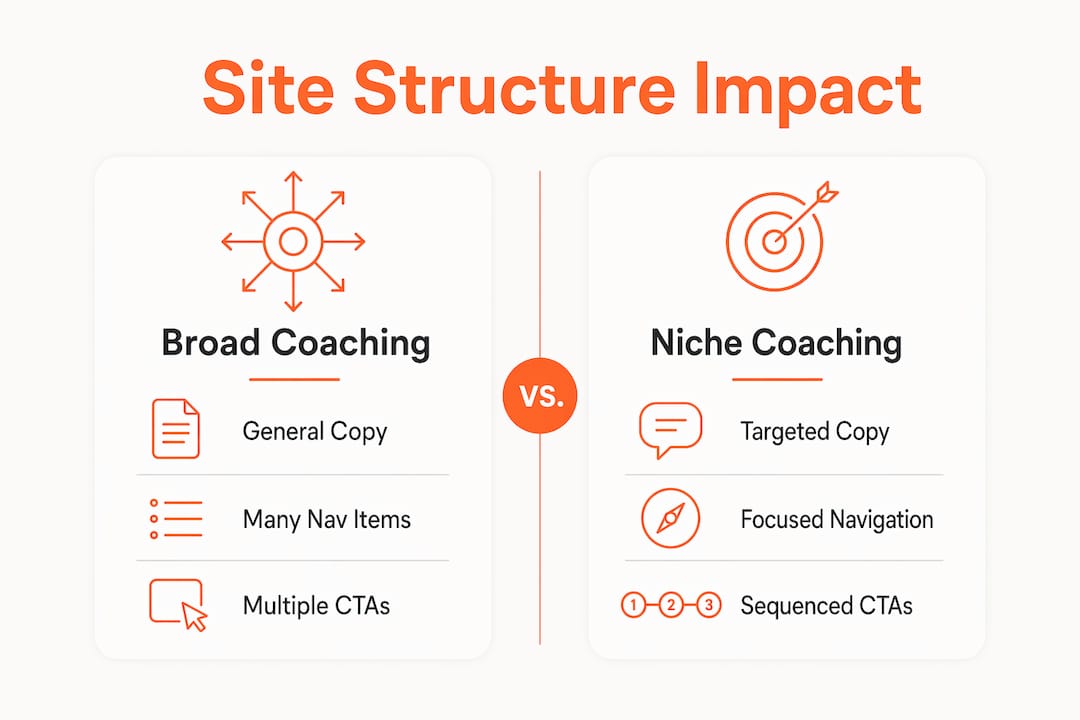 Infographic comparing broad vs niche coaching site structure