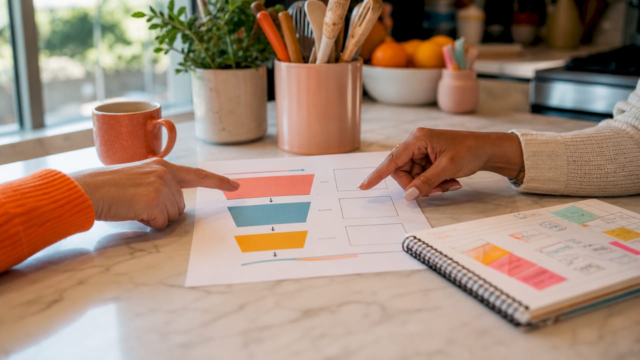 Hands pointing at Kajabi funnel flowchart on table