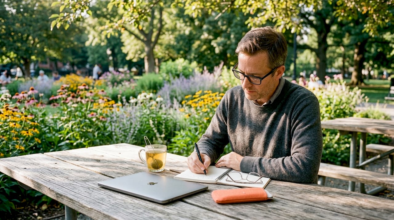 Copywriter crafting headline notes in café setting