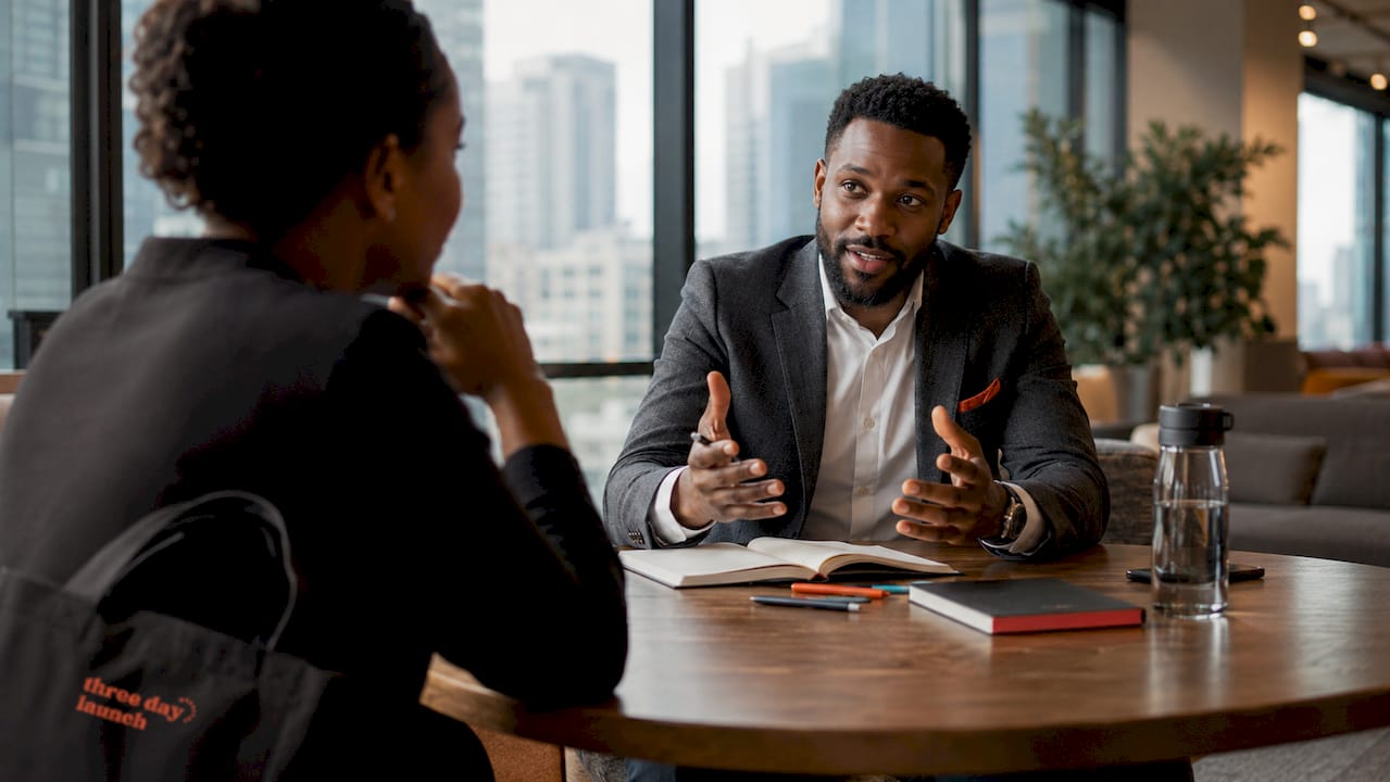Executive coach leading a corporate leadership session with a client