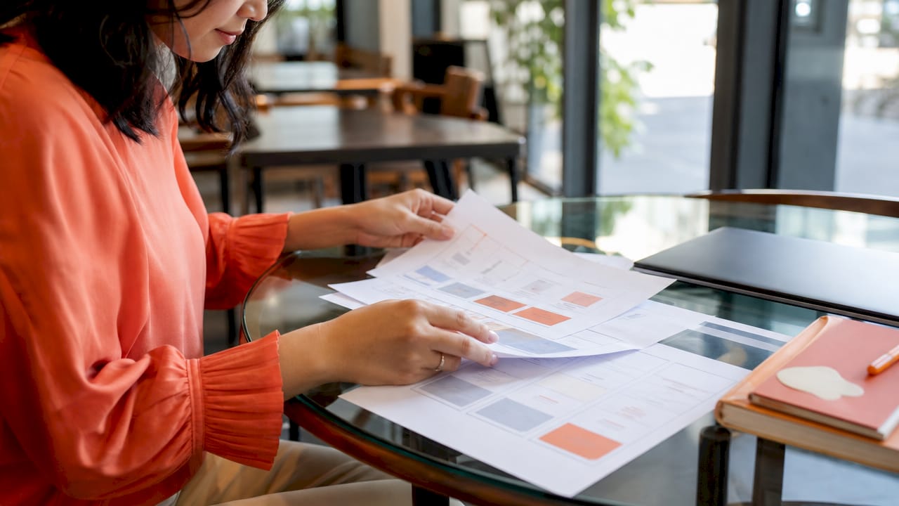 Hands arranging Kajabi pricing plan documents overhead view