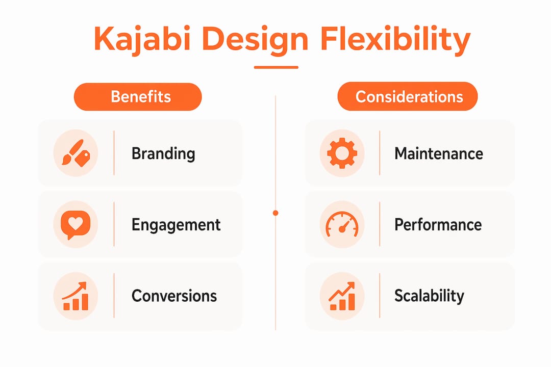 Infographic comparing benefits and considerations of Kajabi design flexibility