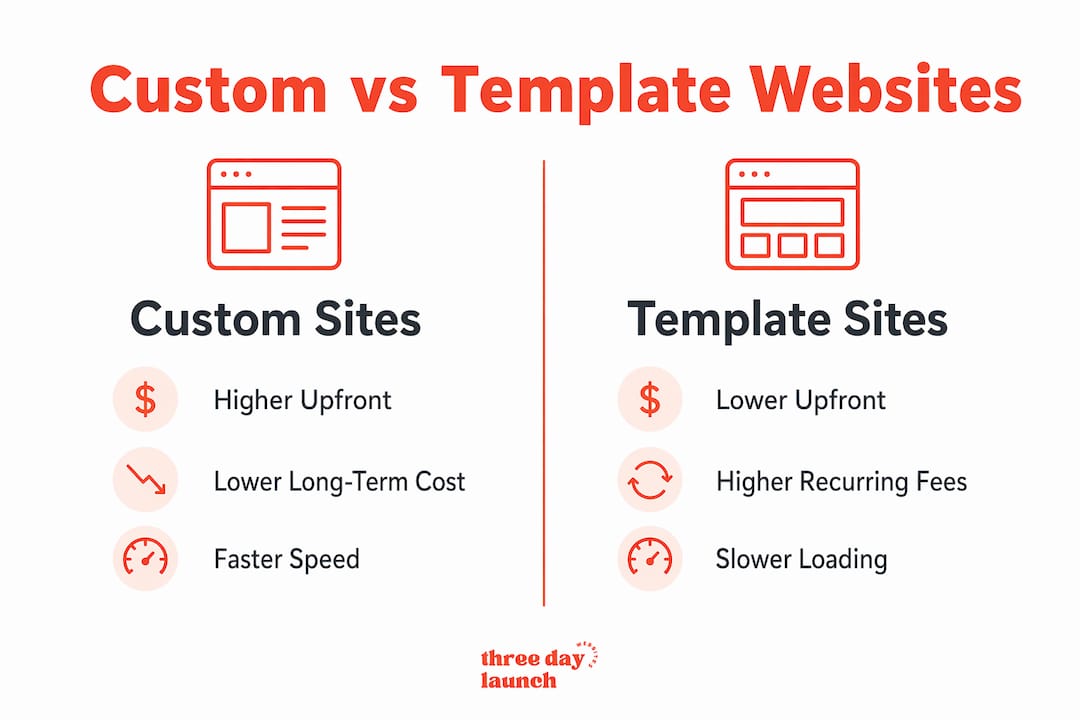 Infographic comparing custom and template website benefits