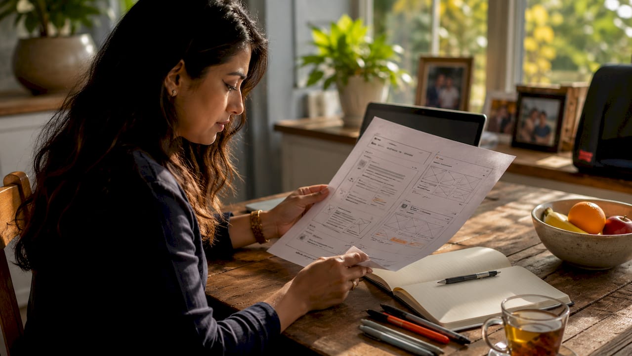 Consultant reviewing website wireframe for lead generation at desk