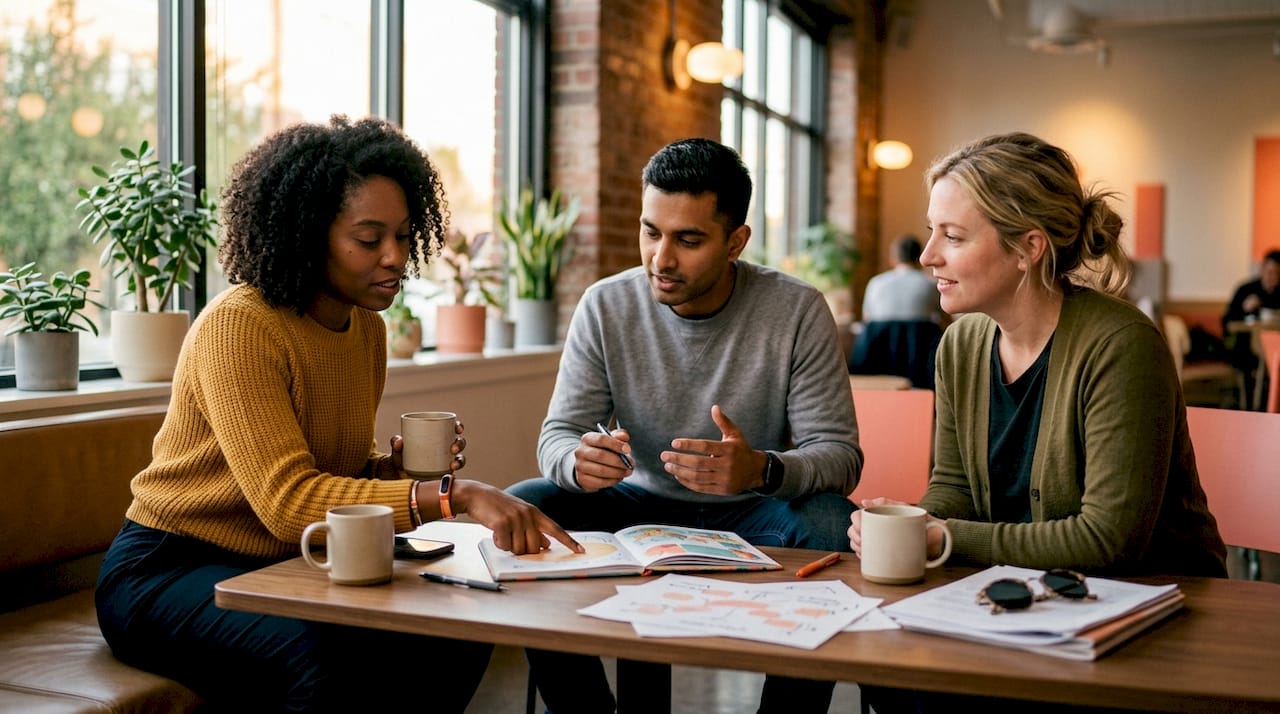 Group planning hybrid business model around table