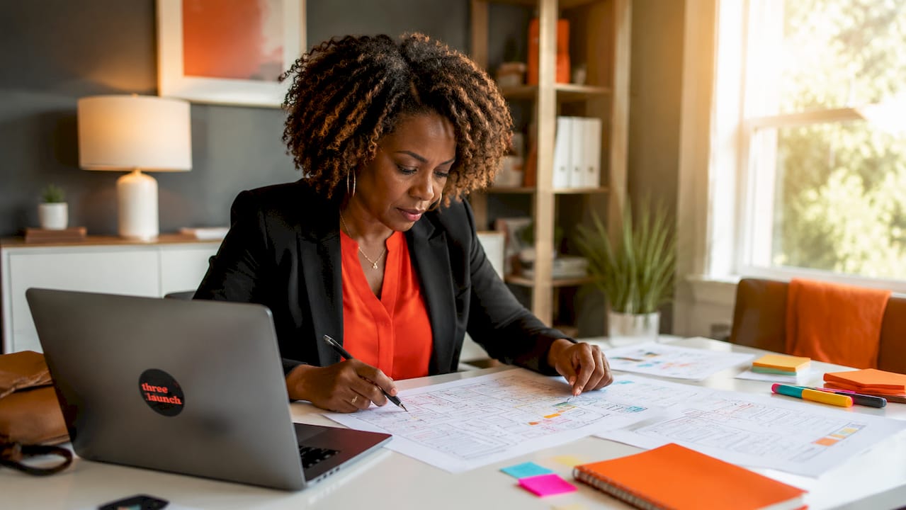 Small business owner planning a multi-page website sitemap on a laptop