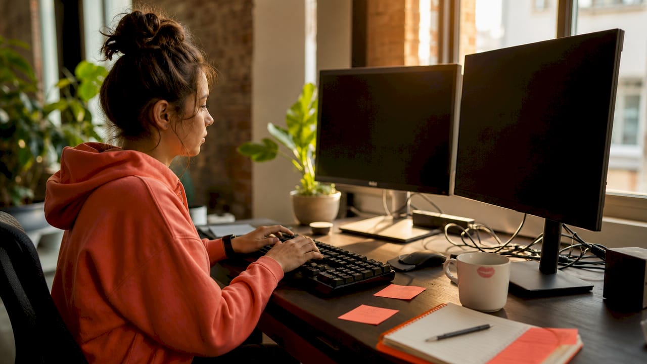 Hands typing on keyboard managing forum technical tasks