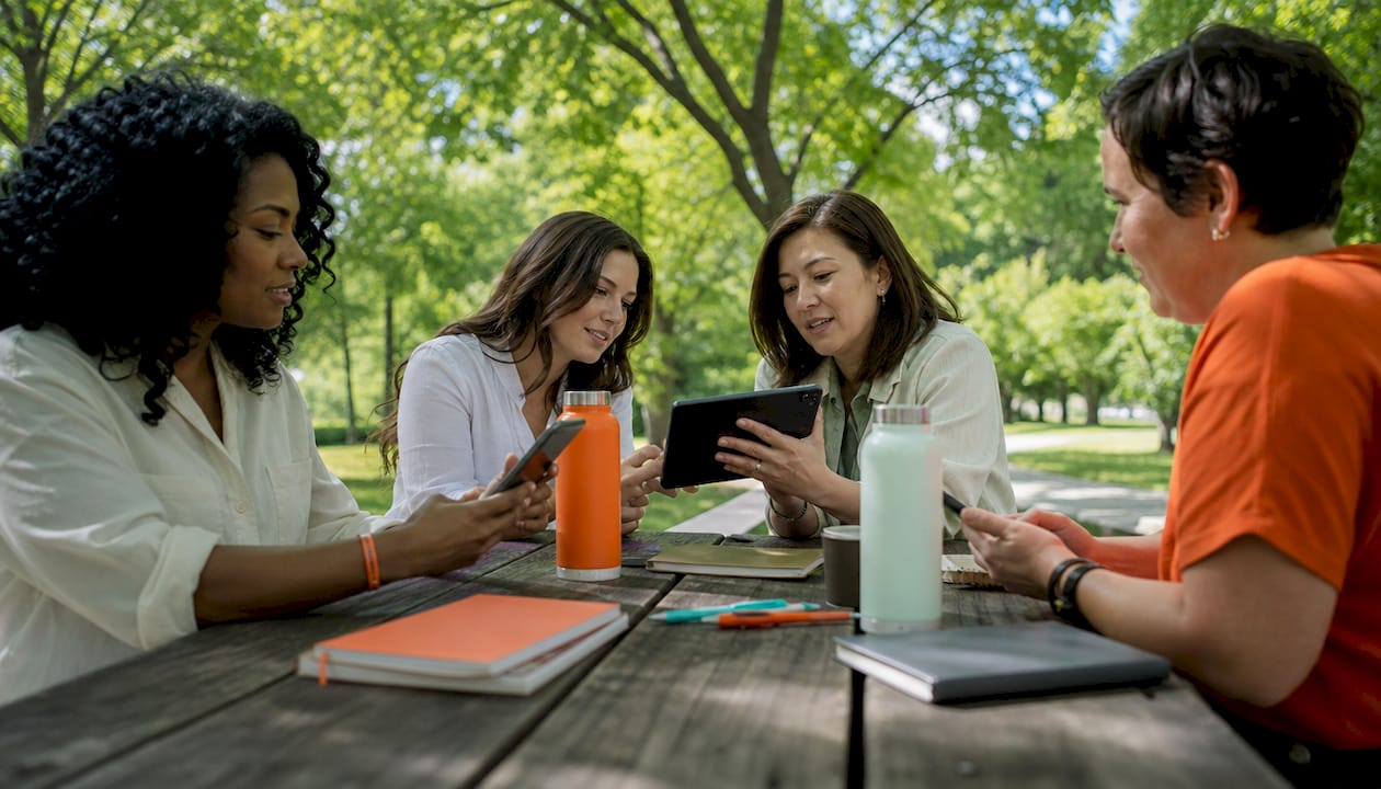 Group of students engaging on mobile devices