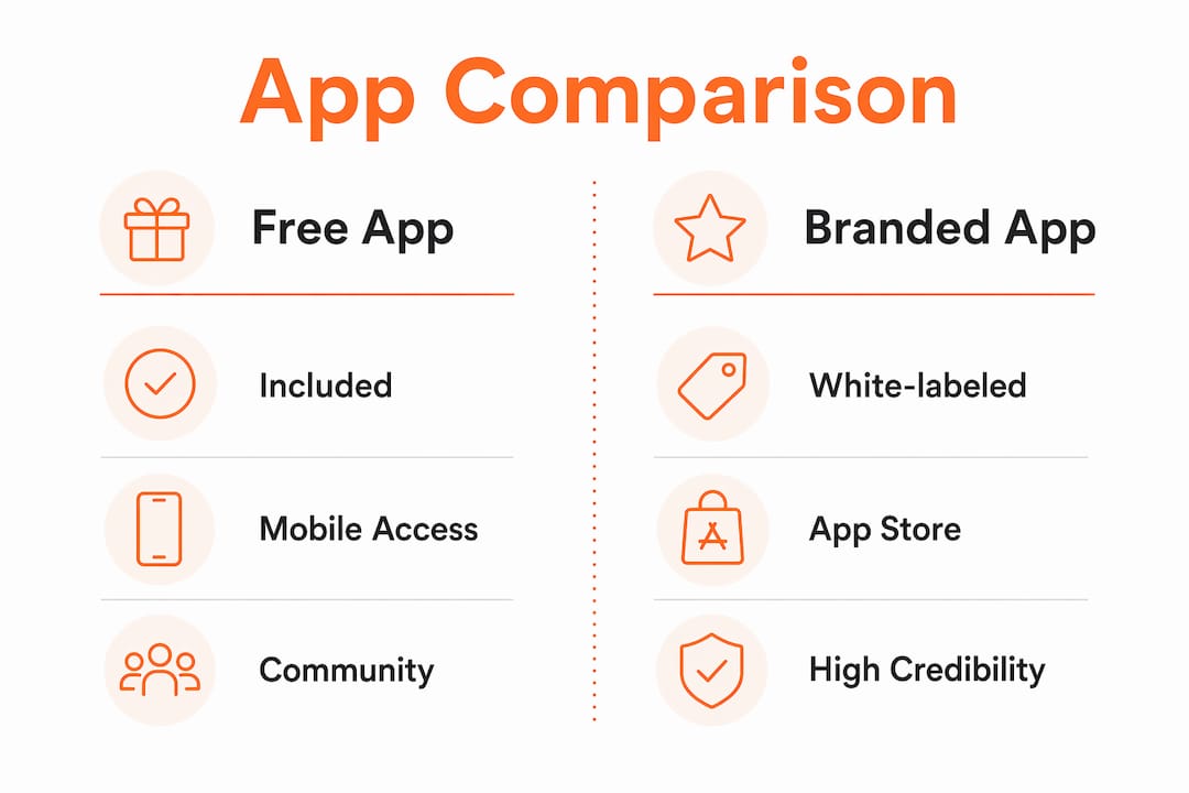 Infographic comparing free and branded Kajabi apps