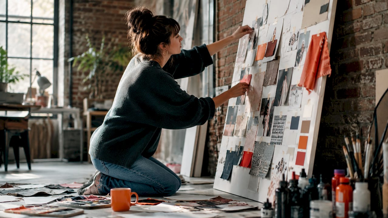 Web designer arranging a physical mood board of color palettes and typography samples in a home studio