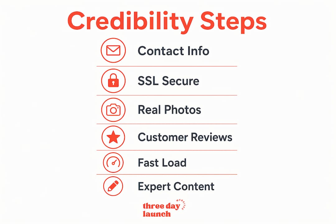 Infographic showing steps to build new business website credibility