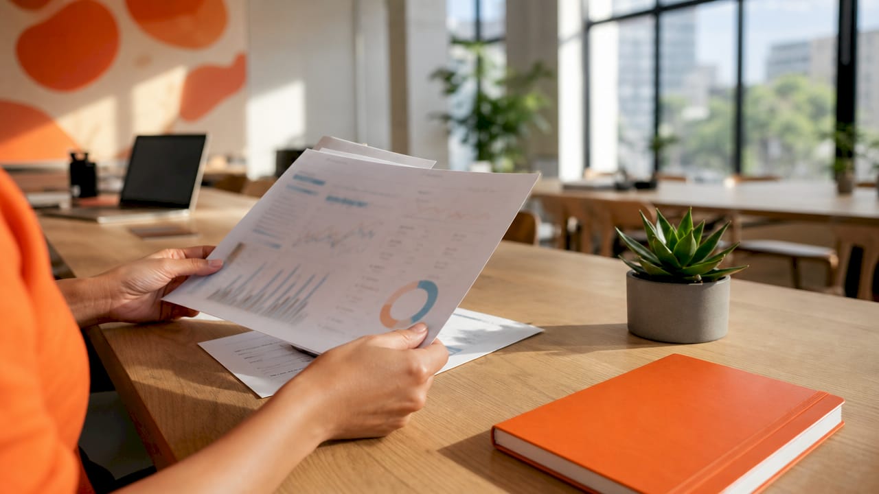Hands reviewing engagement reports in a bright workspace