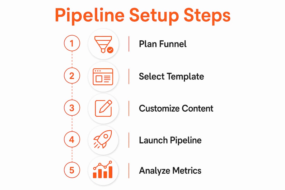 Vertical flow infographic illustrating Kajabi Pipeline setup steps