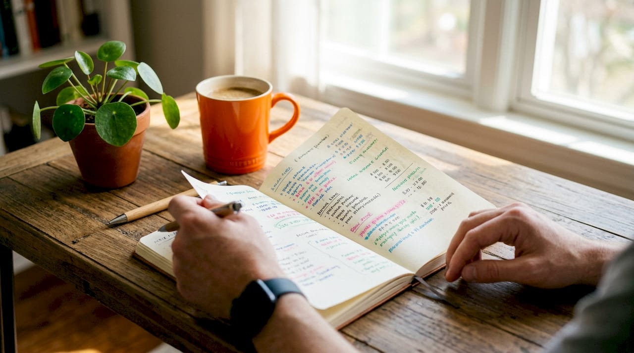 Hands reviewing Kajabi pricing plans notes on planner