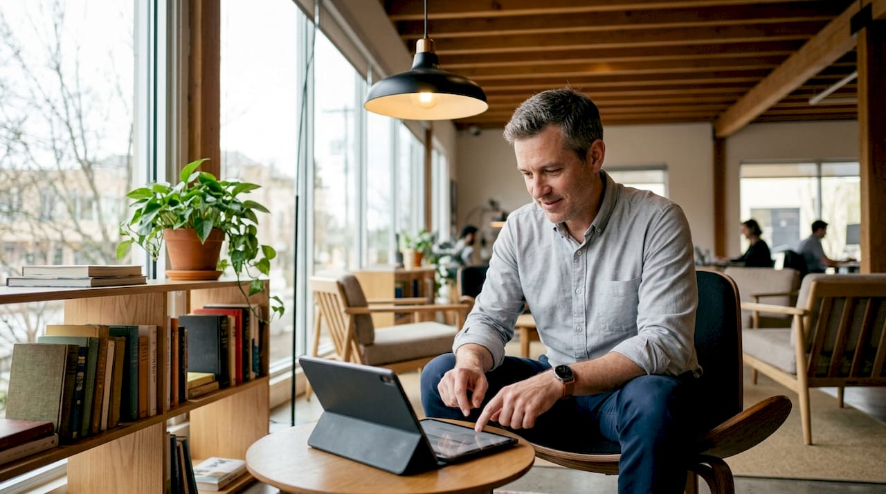 Man arranging website testimonial placements on touchscreen