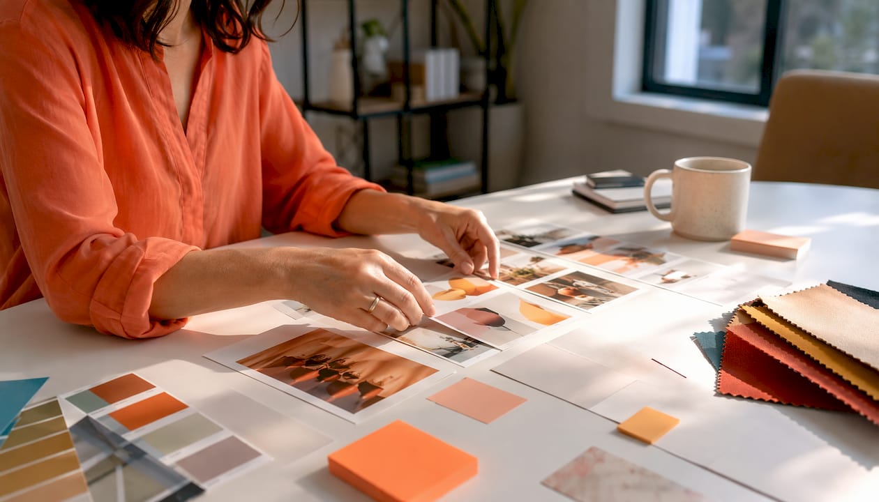 Hands arranging Kajabi branded product images