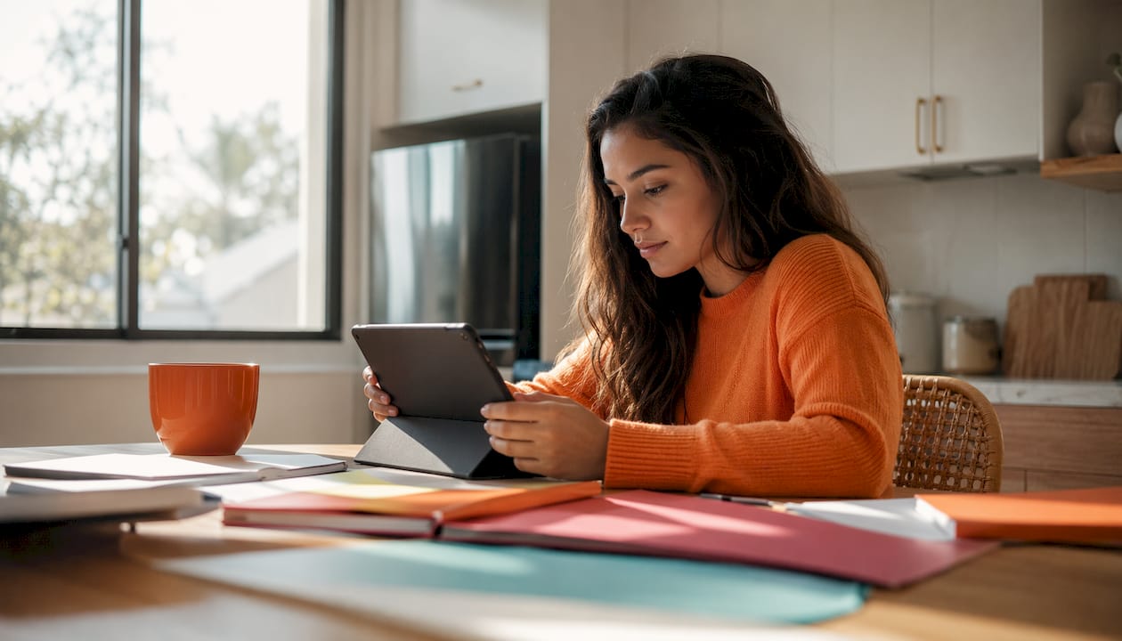 Hands reviewing coaching platform options on tablet
