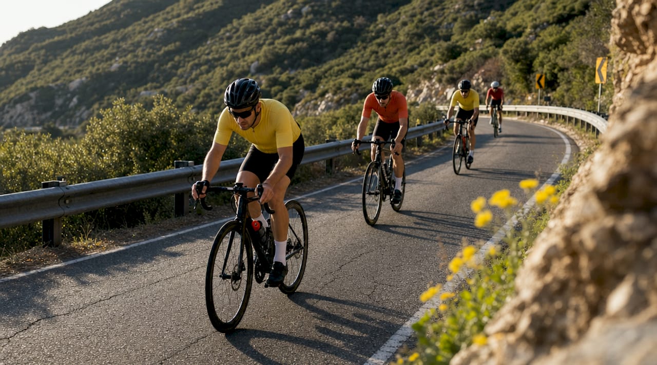 Cyclists climbing steep sportive route mountain road