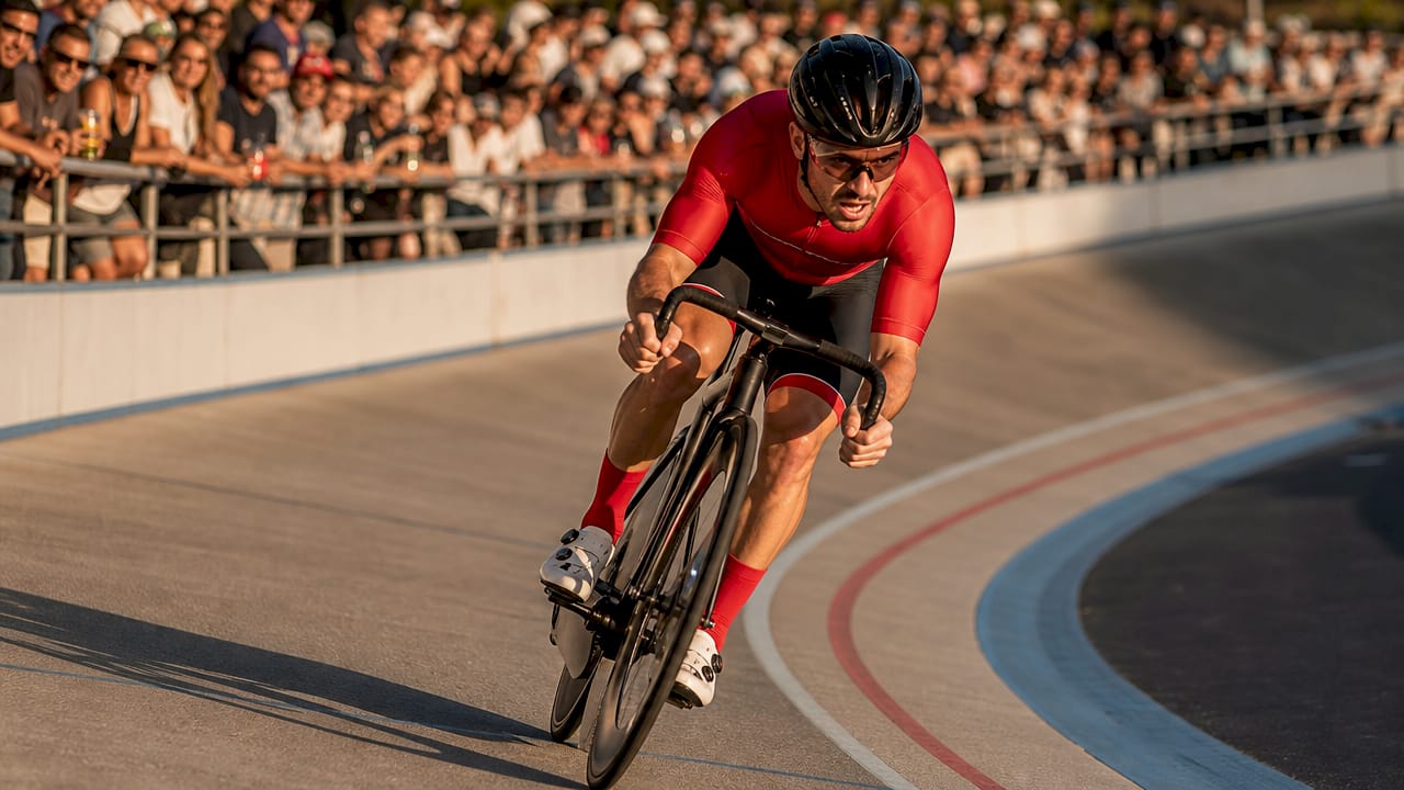Cyclist sprinting on velodrome track