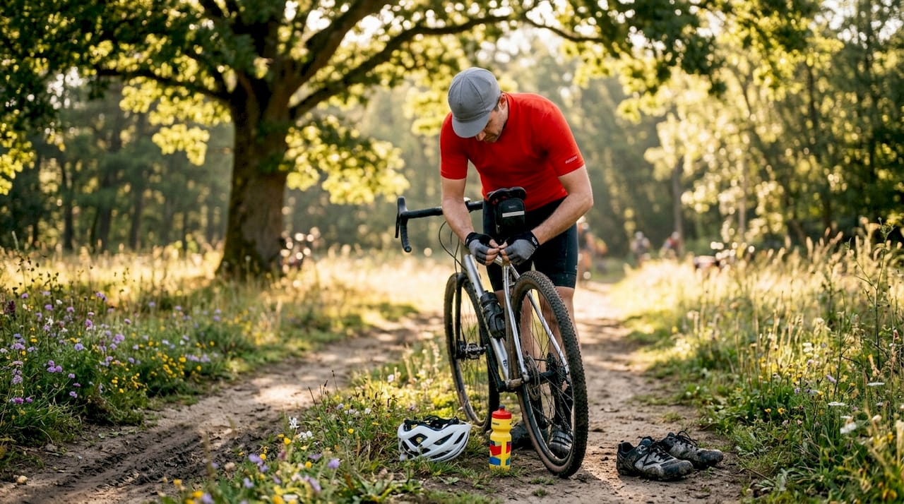 Overhead view of cyclist preparing gravel bike outdoors