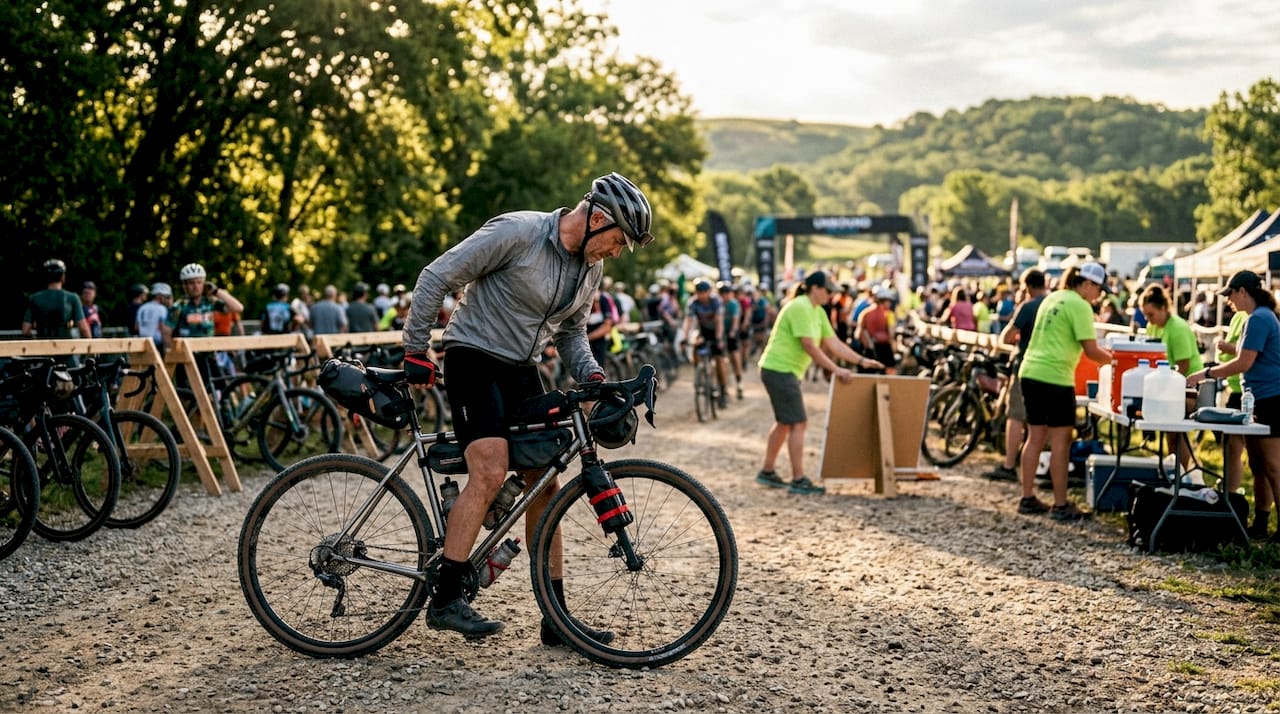 Cyclist preparing bike at Unbound Gravel start line