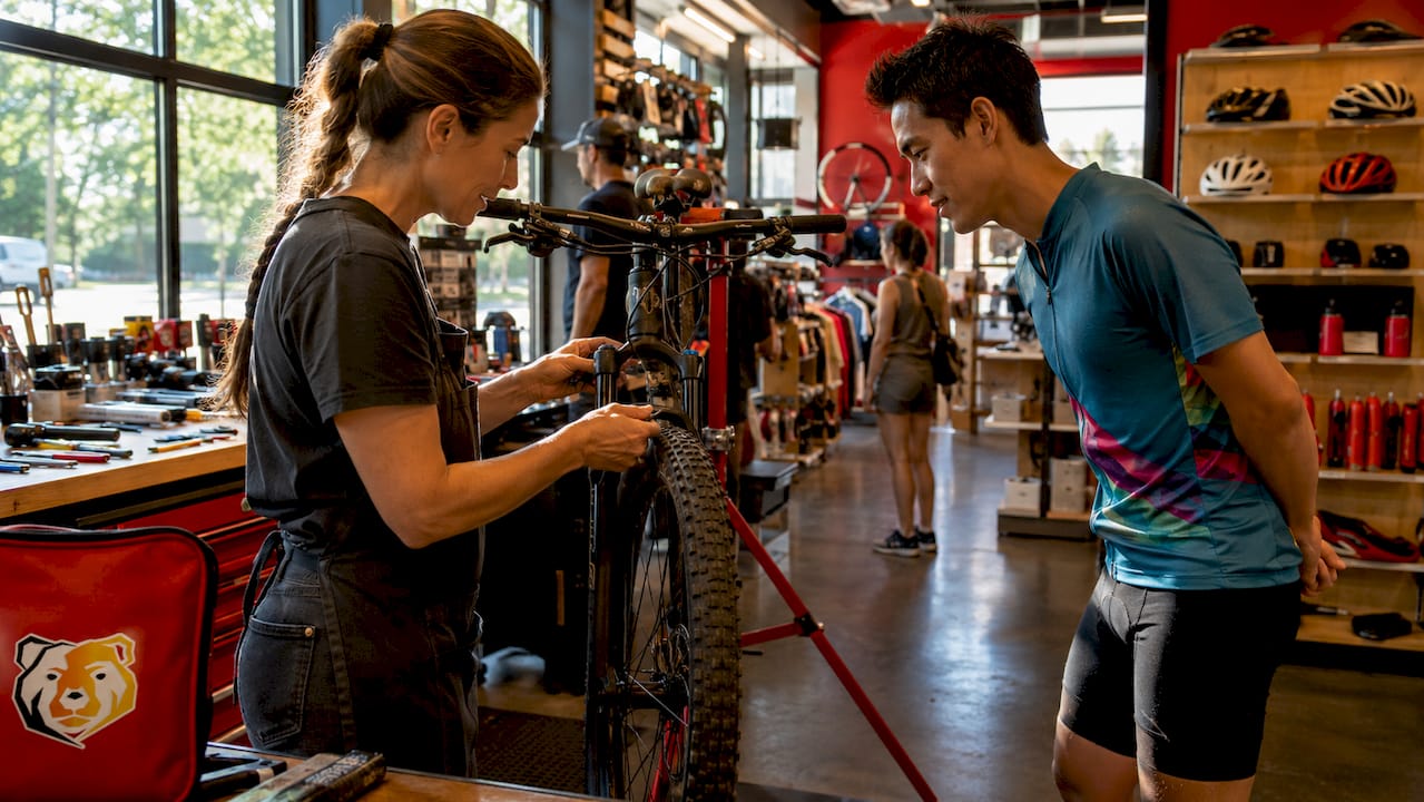 Bike shop mechanic tuning road bike for customer