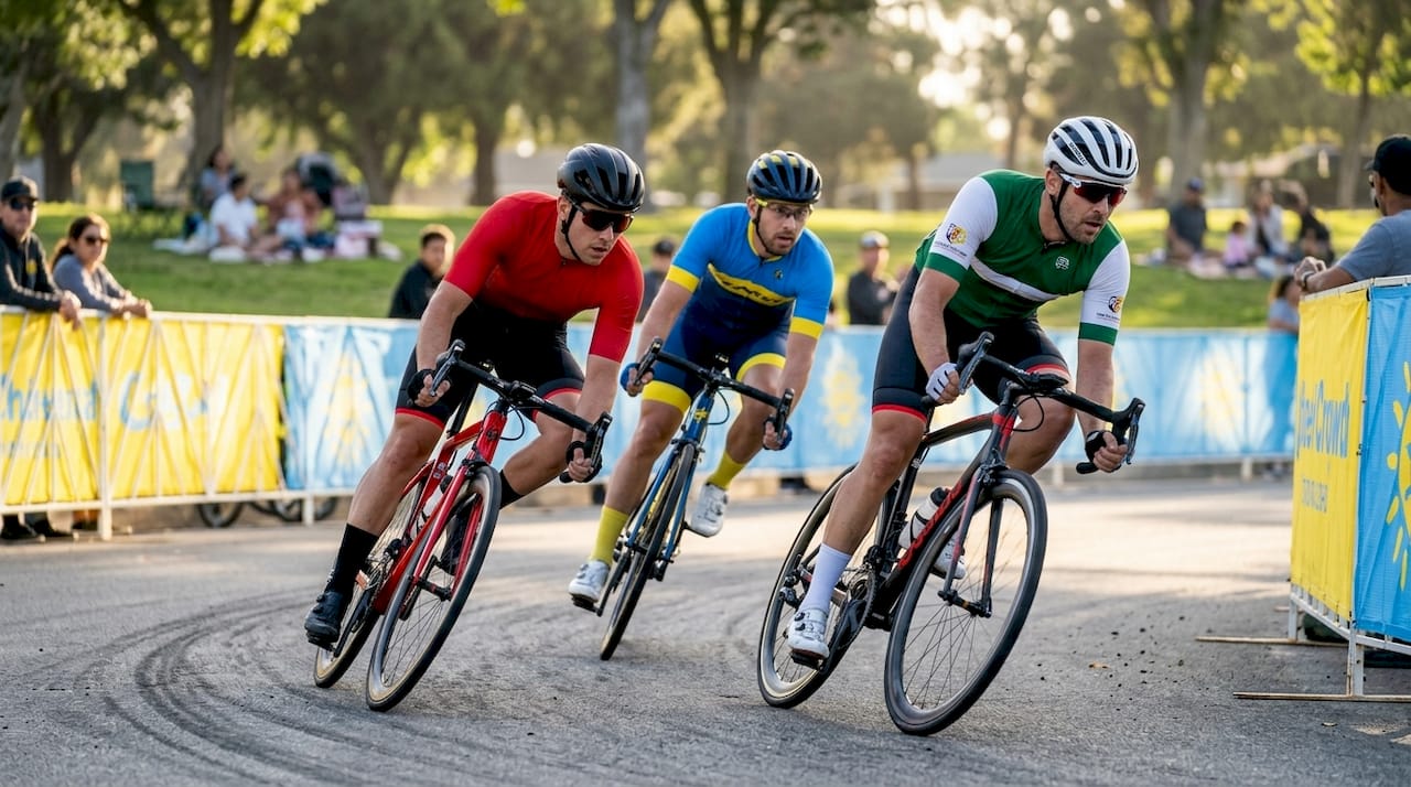 Cyclists navigating Cat 5 criterium race