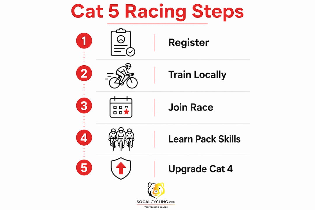 Infographic outlining steps in Cat 5 cycling racing process