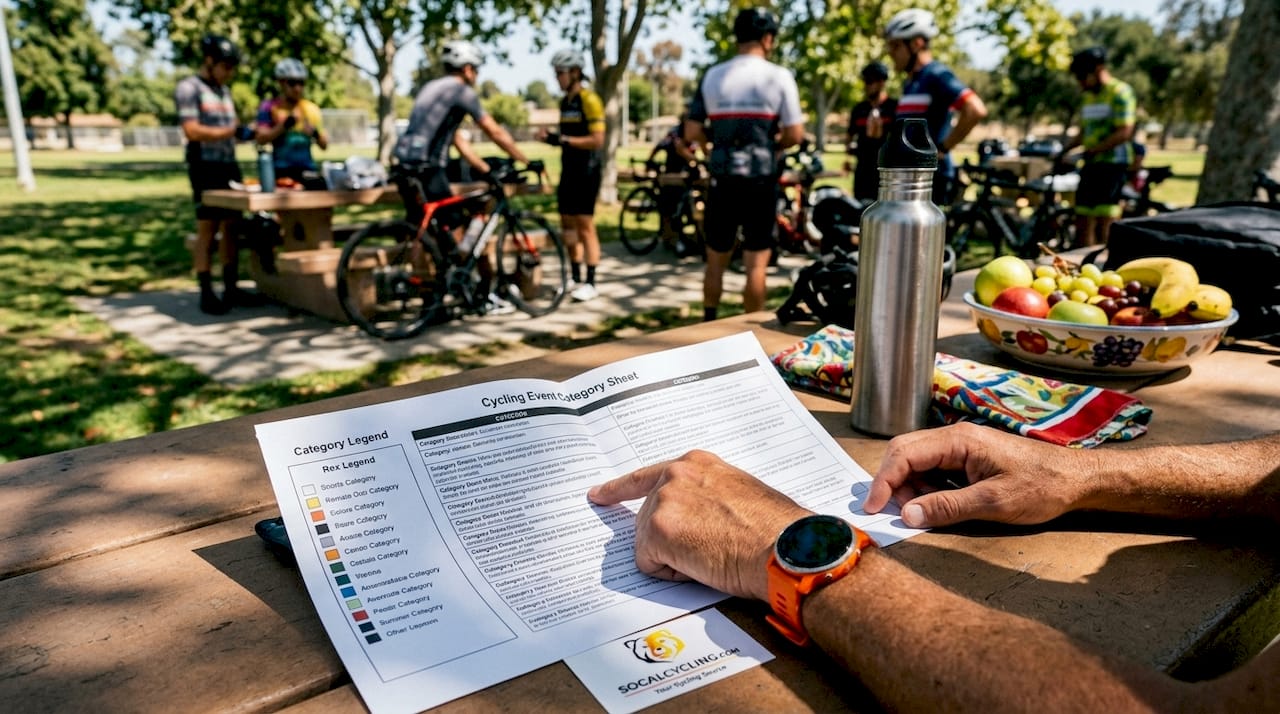 Hands pointing at cycling event categories document