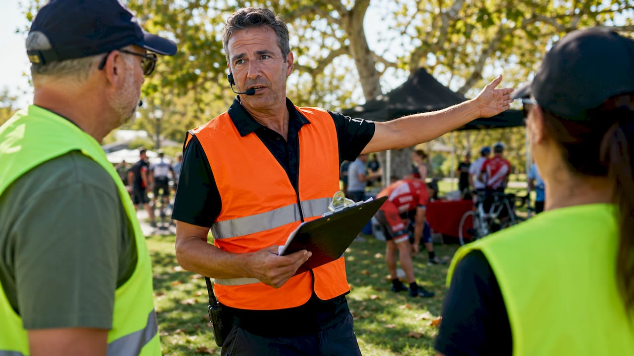 Race director coordinating cycling event staff