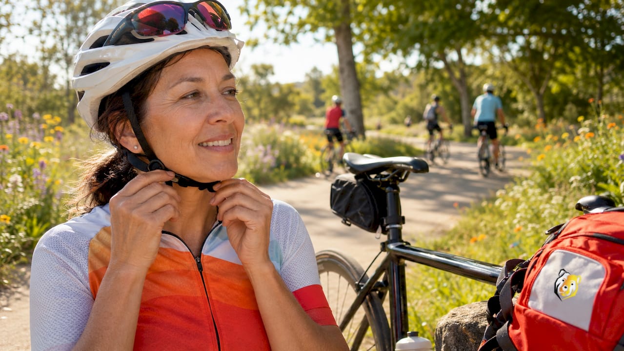 Woman preparing for short gran fondo ride outdoors
