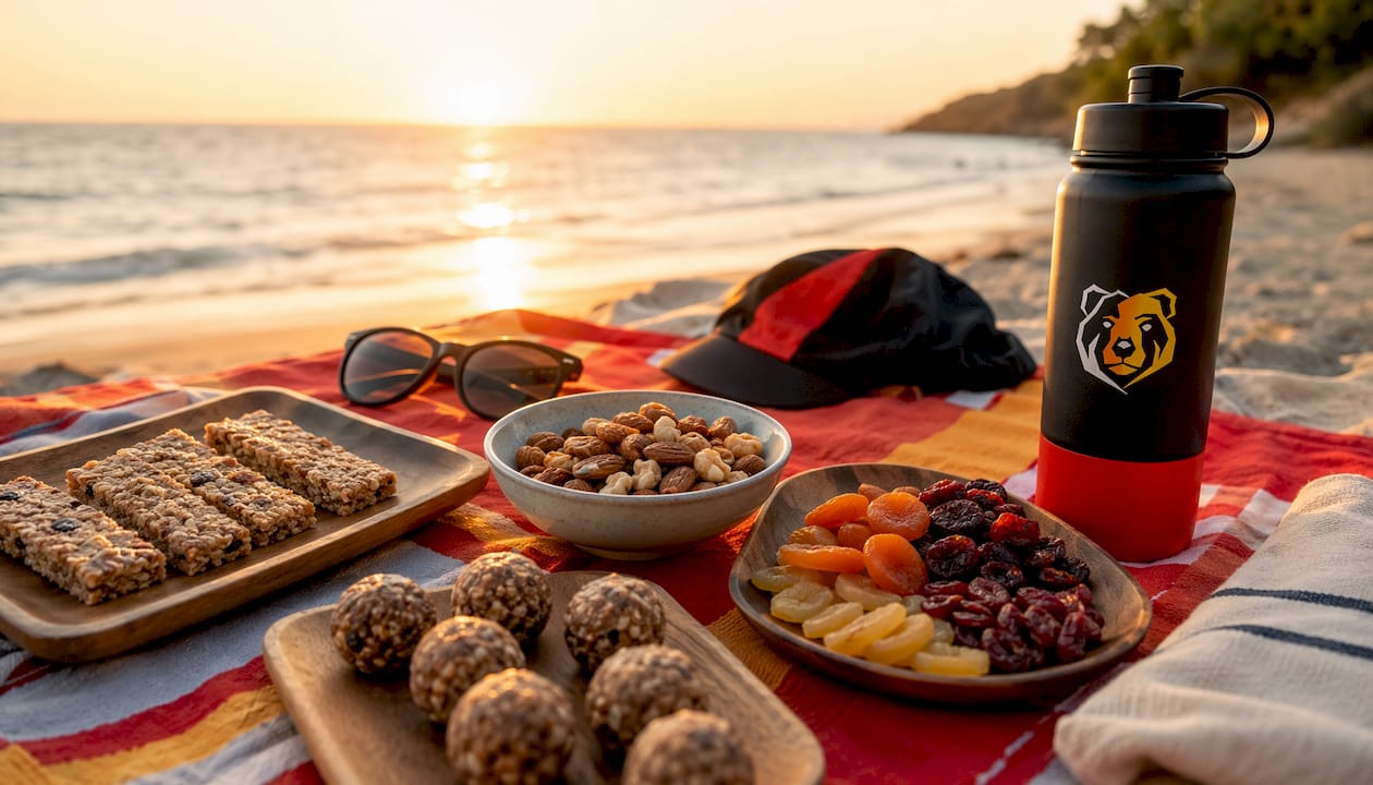Variety of nutritious cycling snacks on table