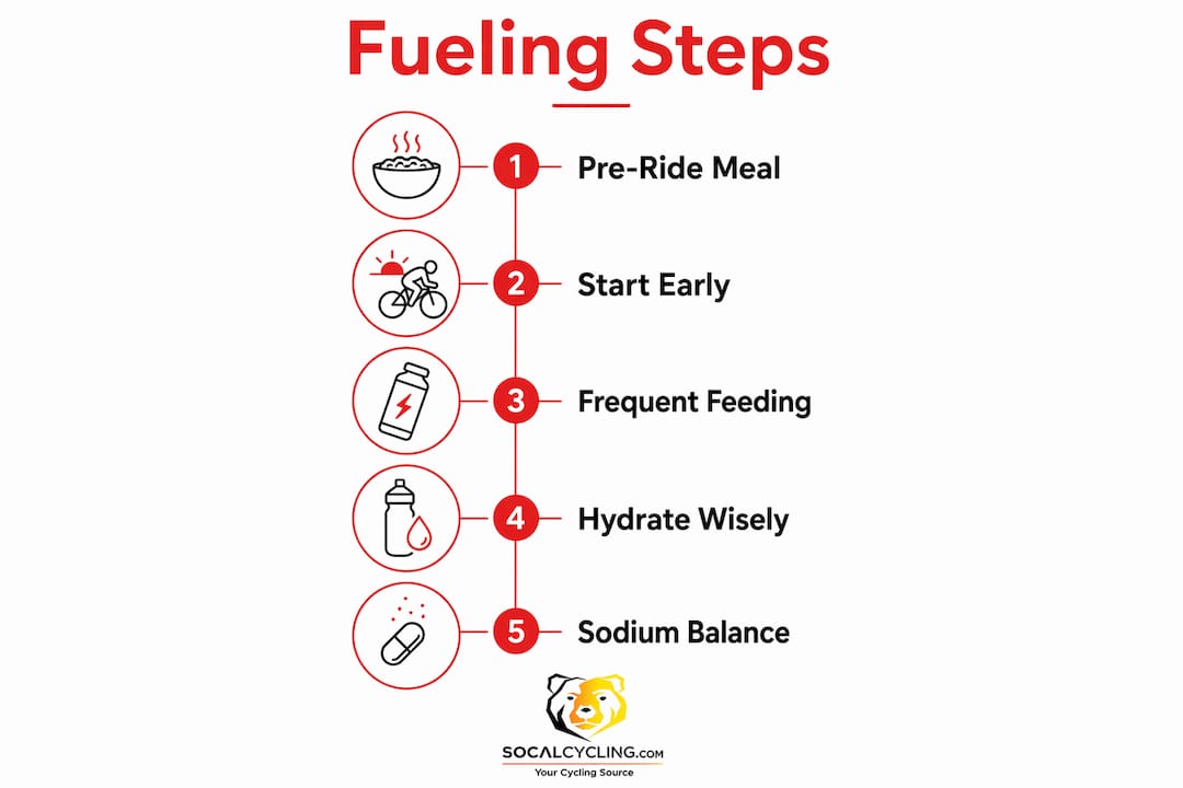 Infographic detailing step-by-step cycling fueling strategy