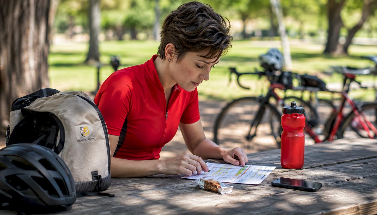 Close-up of cycling ride schedule and gear on wooden table