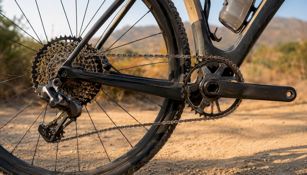 Close-up of 1x gravel bike drivetrain