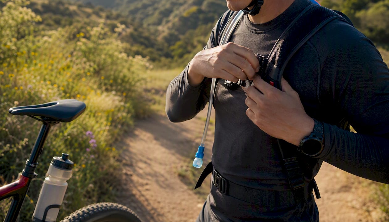 Cyclist adjusting hydration pack straps