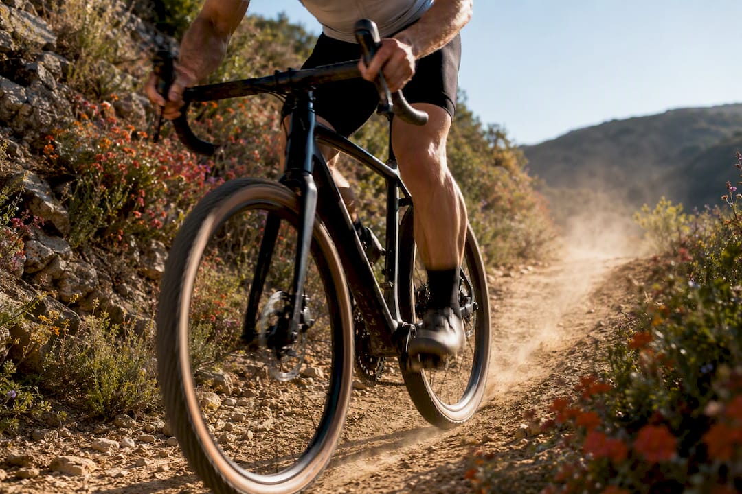 Cyclist pedaling uphill on sunlit road