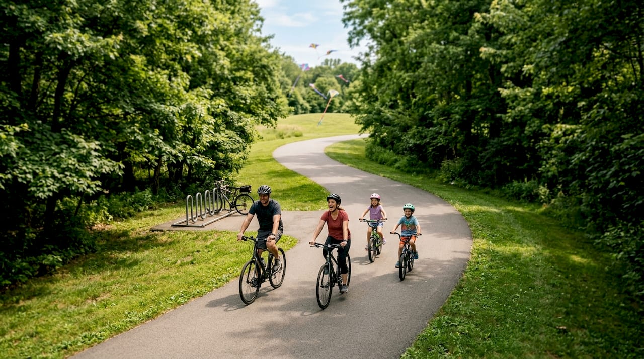 Family cycling on paved greenway trail