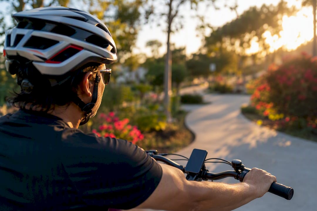 Cyclist wearing helmet with e-bike speedometer close-up