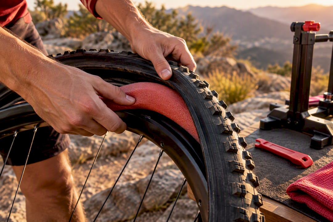 Foam insert fitted inside mountain bike tire