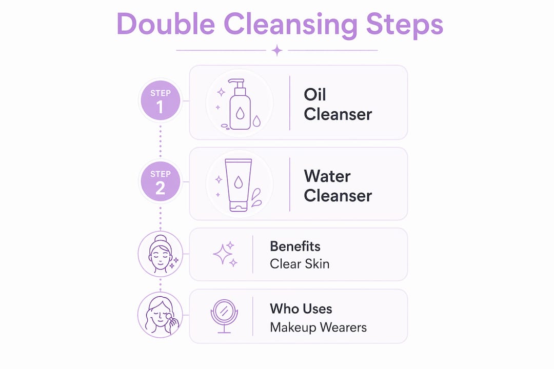 Infographic illustrating double cleansing steps and benefits