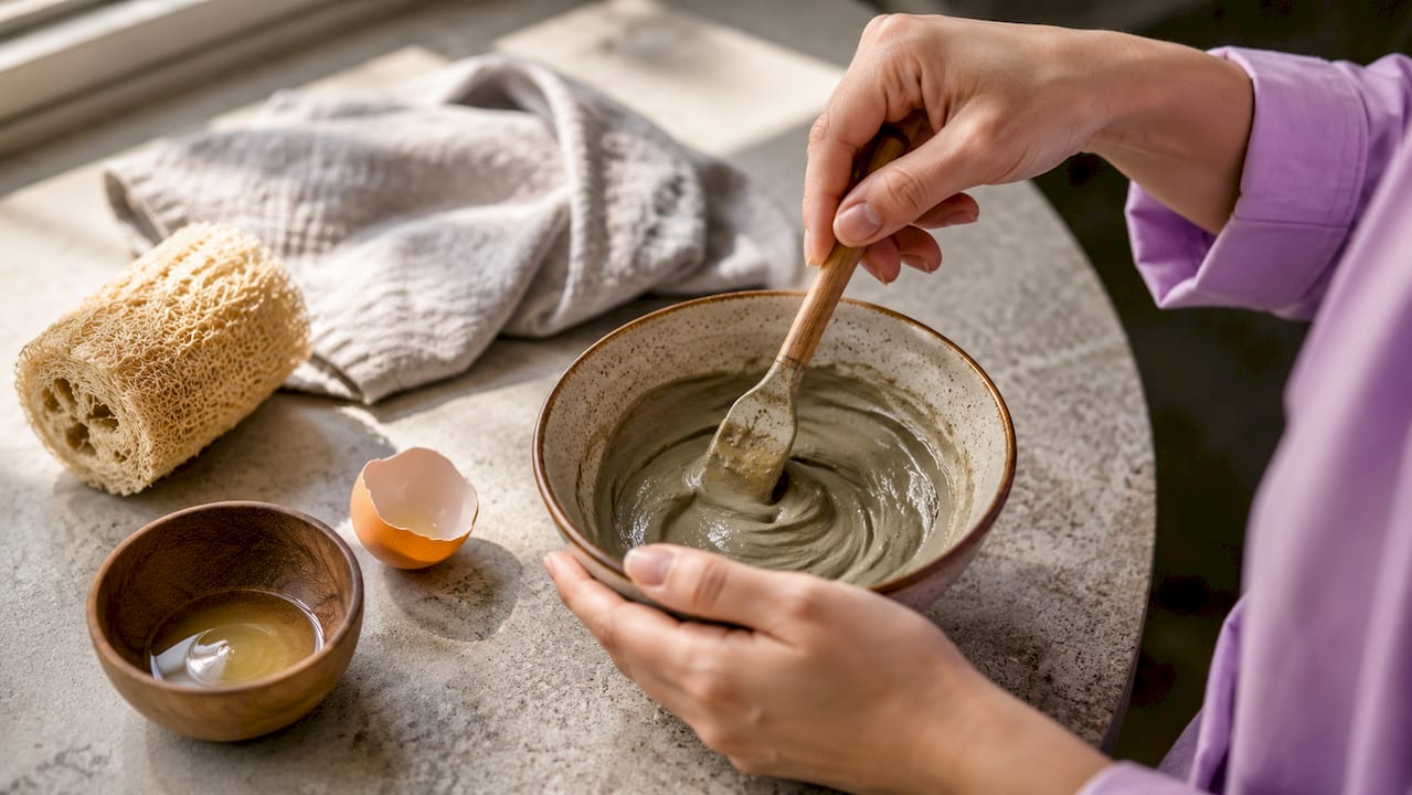 Hands mixing clay honey egg white mask
