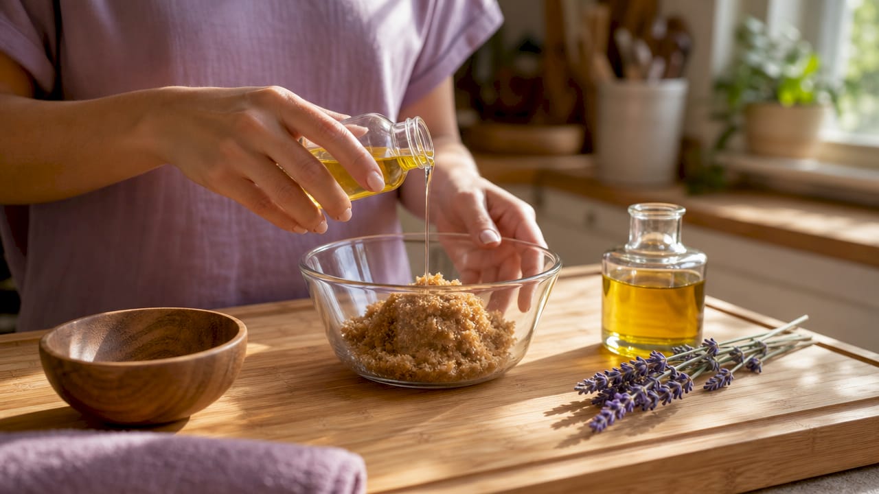 Close-up of pouring coconut oil into sugar scrub bowl