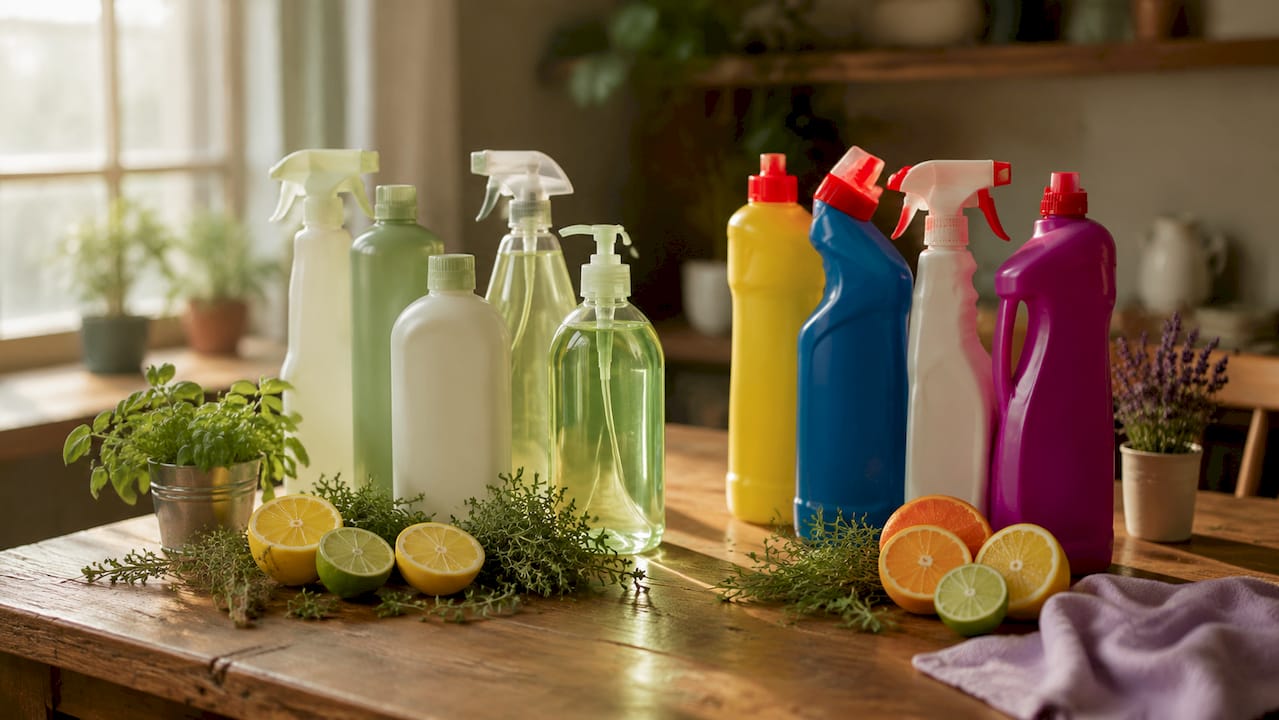 Overhead view of safe and conventional cleaning products on table