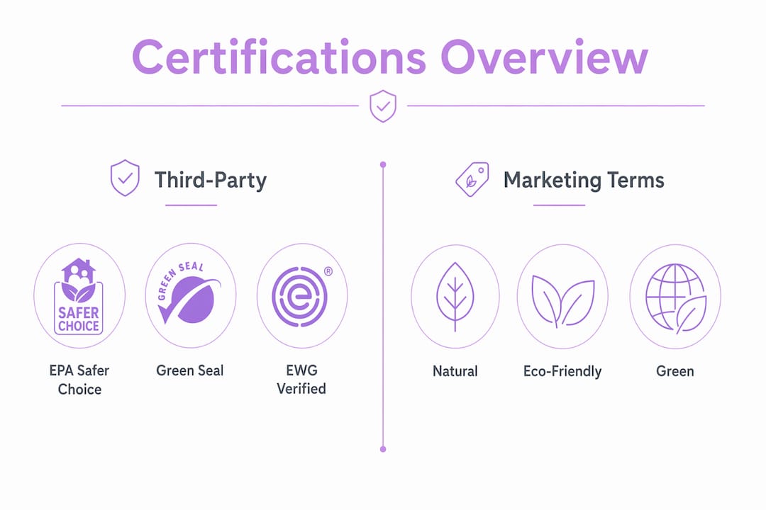 Infographic comparing cleaning product certifications and marketing terms