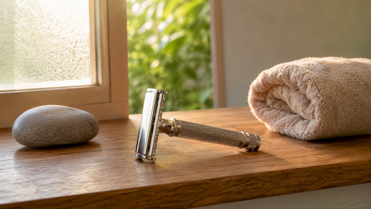 Close-up of metal safety razor on bathroom counter