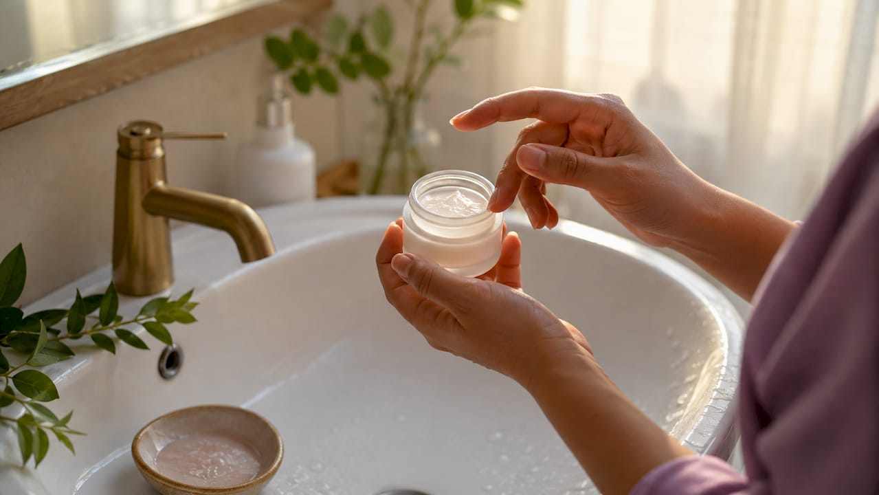 Close-up hands holding hyaluronic acid jar