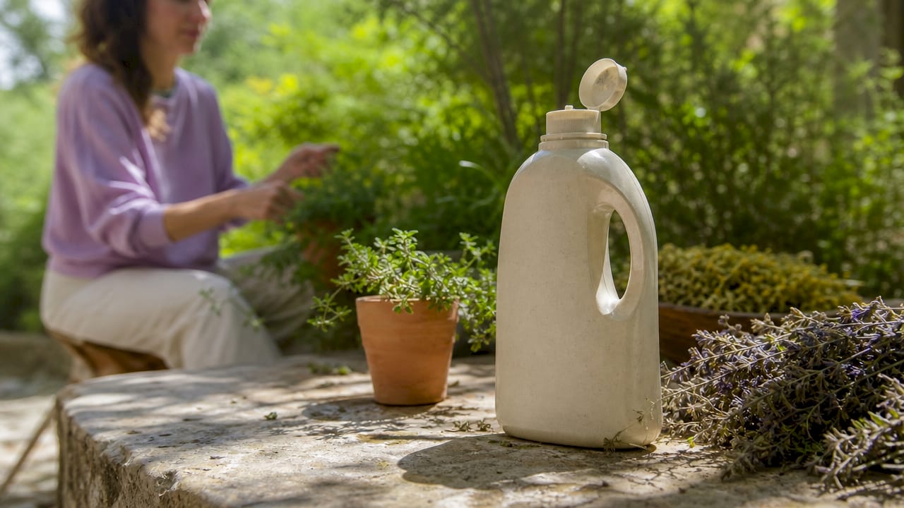 Close-up biodegradable cleaner bottle on bathroom shelf
